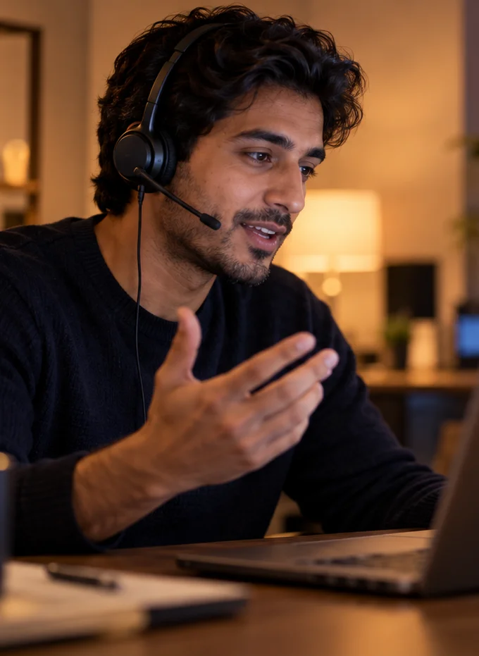 A rep on a call, mid-sentence, headset on, leaning toward an open laptop in a lamplit room.